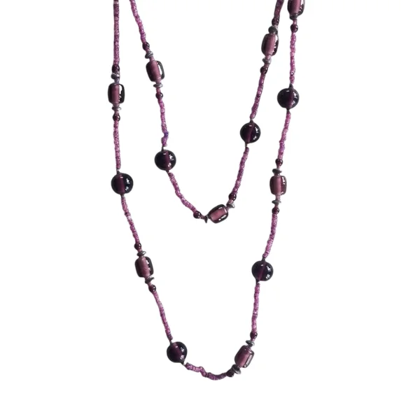 Vintage 1970s Amethyst Glass Bead Necklace - Picture 2 of 8
